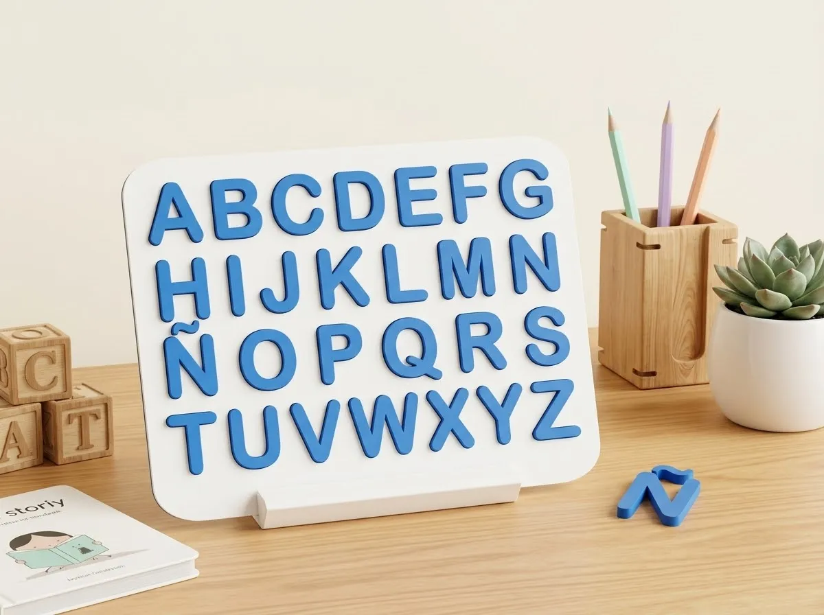 Tablero blanco con letras mayúsculas azules removibles